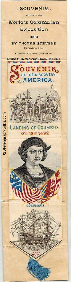 Bookmark with words, image of Columbus and his men landing in America, an image of The Santa Maria, and a portrait of Columbus