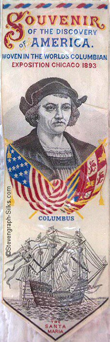 Bookmark with words, image of Columbus and his men landing in America, an image of The Santa Maria, and a portrait of Columbus
