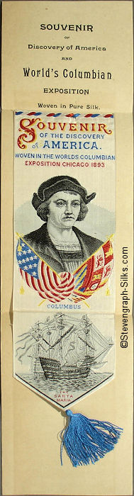 Bookmark with words, image of Columbus and his men landing in America, an image of The Santa Maria, and a portrait of Columbus