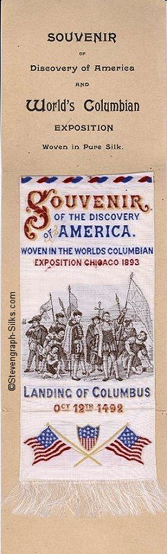 Bookmark with words, image of Columbus and his men landing in America, and image of crossed flags