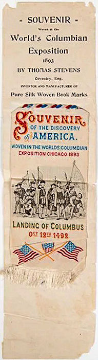 Bookmark with words, image of Columbus and his men landing in America, and image of crossed flags