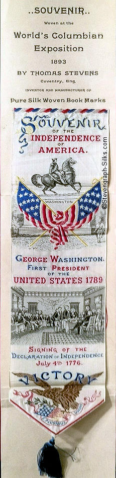 Bookmark with title words and image of Washington memorial, crossed flags and scene of Declaration of Independence