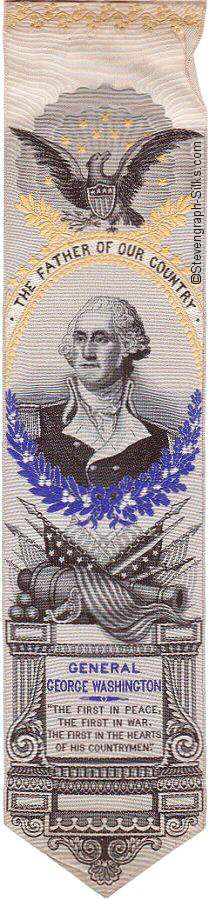 Bookmark with title words in a ribbon above image of General George Washington