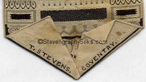 Manufacturer name, T. STEVENS. COVENTRY, woven on the reverse pointed end of this bookmark