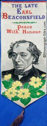 Small bookmark with title words above image of Benjamin Disraeli (Earl of Beaconsfield)