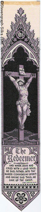 Black silk image of crucified Christ and words from Luke