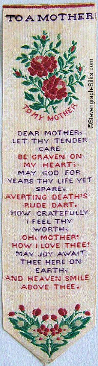 Bookmark with title words, motif of flowers and words of verse
