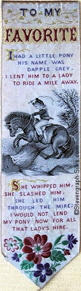Bookmark with image of boy encouraging his pony to jump a large log
