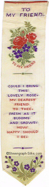 silk bookmark with title words, flowers with words beneath, and verse