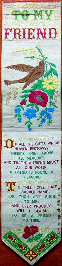 image of silk bookmark with title words, and two verses of poem, with image of bird carrying flowers