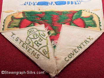 Stevens credit and Diamond Registration mark woven on the reverse pointed end of this bookmark