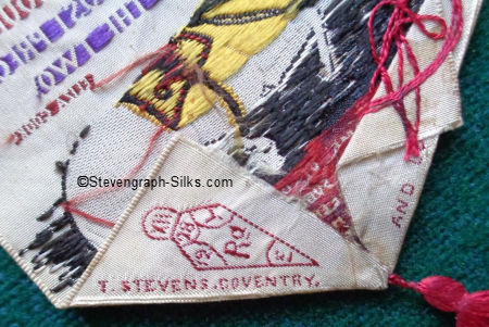 Stevens credit and Diamond Registration mark woven on the reverse pointed end of this bookmark