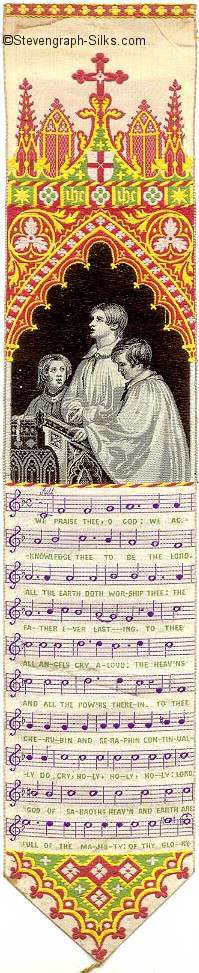 Ornate Gothic style bookmark with words, music and three choristers
