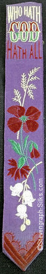 Silk bookmark with title words and image of flowers