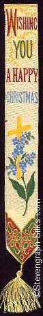 Silk bookmark with title words and image of forget-me-not flowers and cross