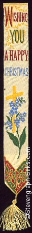 Silk bookmark with title words and image of forget-me-not flowers and cross