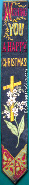 Silk bookmark with title words and image of forget-me-not flowers and cross