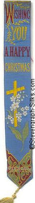 Silk bookmark with title words and image of forget-me-not flowers and cross