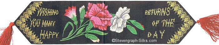 Bookmark with words Wishing you many happy returns of the day, motif of flowers and pointed at both ends