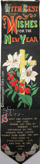 Bookmark with words and large image of cross and flowers, woven with black background