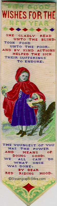 Bookmark with words and image of little red riding hood walking with the wolf