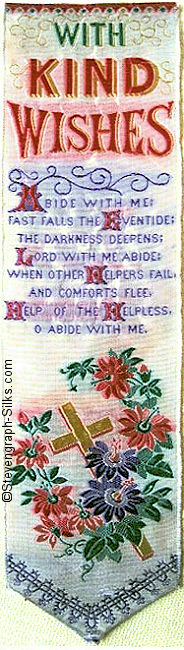 Bookmark with words With Kind Wishes and motif of cross and flowers