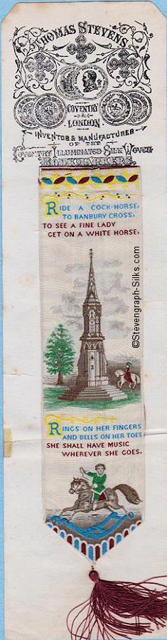 Bookmark with image of Banbury Cross, a lady on a fine wite horse, a little boy on his rocking horse, and words of a rhyme
