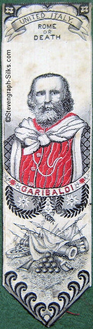 Bookmark with portrait of Garibaldi, and images of cannon and flags