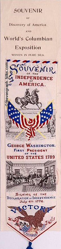 Bookmark with title words and image of Washington memorial, crossed flags and scene of Declaration of Independence