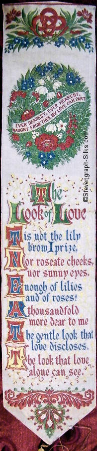 Large bookmark with wreath of flowers around which is ribbon with words, and title words below)