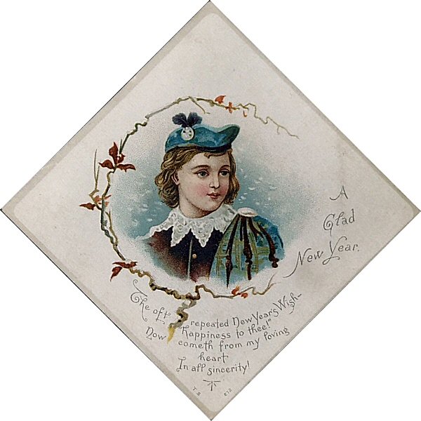 printed card with young man, with words - A Glad New Year