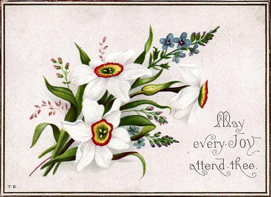 printed card, titled May every joy attend thee, with flowers