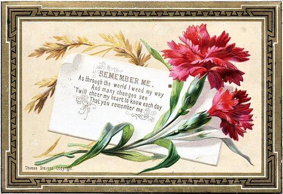 printed card, titled Remember Me, with carnation flowers