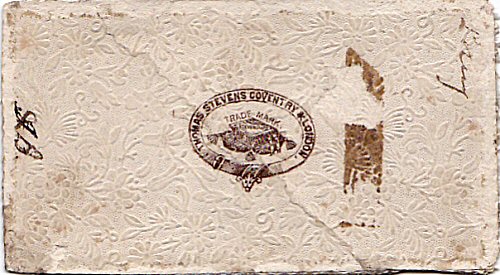 Stevens logo printed on reverse stiff card of the white coloured rectangle