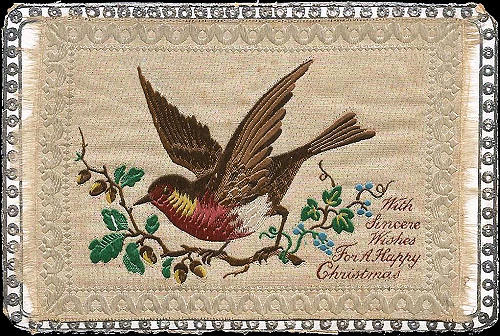 horizontal rectangular silk woven with fringe at each end, and mounted on card - " With sincere wishes for a happy Christmas "