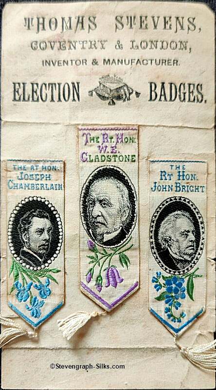 Election Badges - Point Of Sale, with portraits of Chamberlain, Gladstone and John Bright