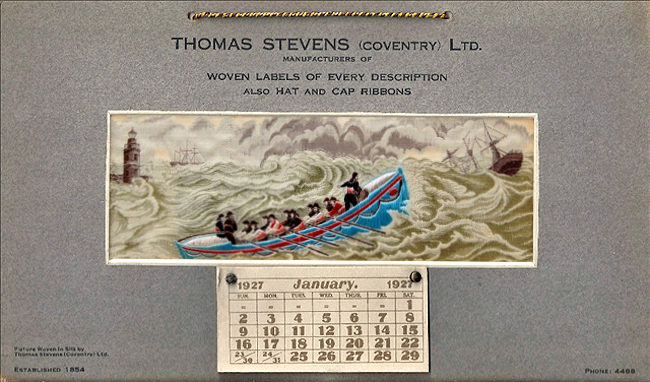 image of the Stevengraph picture of Called to the Rescue, mounted as a calendar for 1927