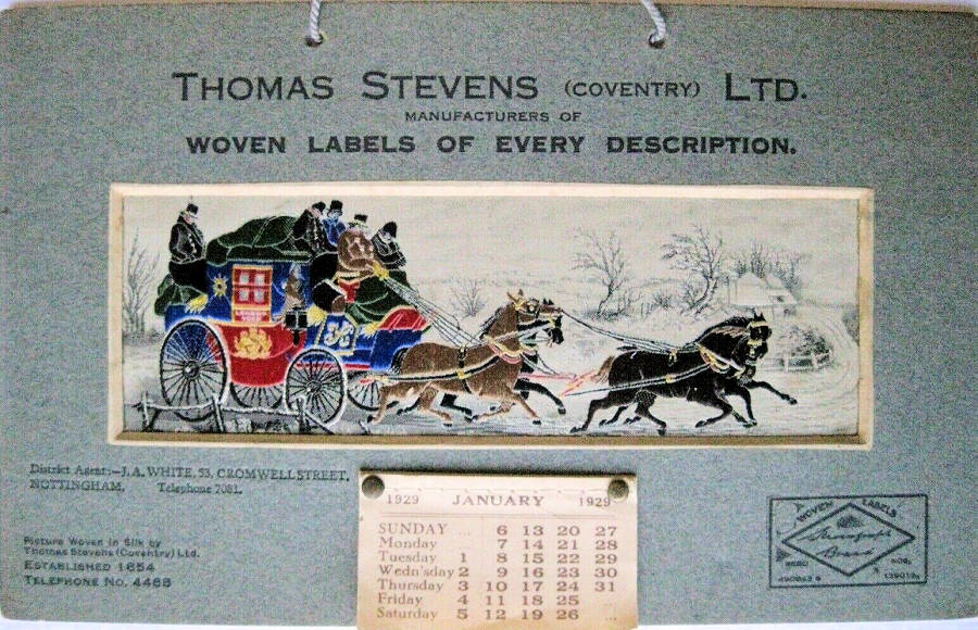 Image of the Stevengraph THE GOOD OLD DAY (with winter background), mounted as a calendar for 1929