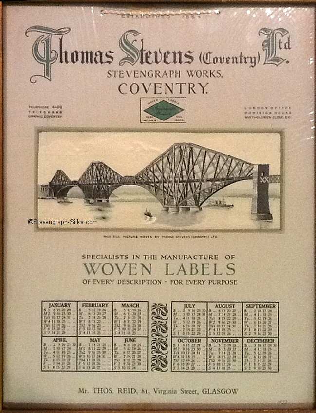 Image of the Stevengraph FORTH BRIDGE, mounted as a calendar for 1933