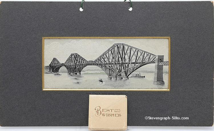 Image of the Stevengraph FORTH BRIDGE, with a lift up flap, with words BEST WISHES, and a calendar behind the flap for 1933