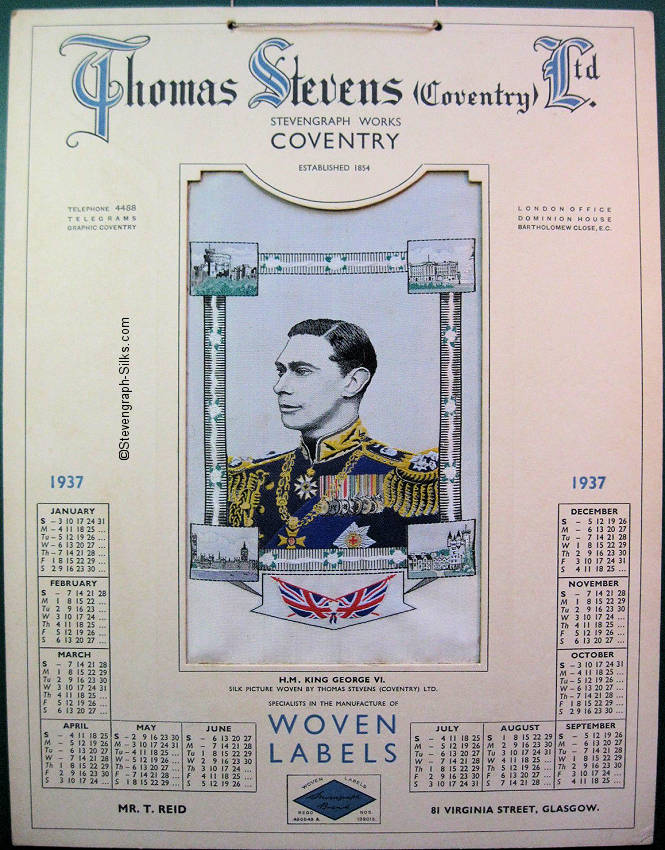 Image of the Stevengraph portrait of H.M. KING GEORGE VI, mounted as a calendar for 1937
