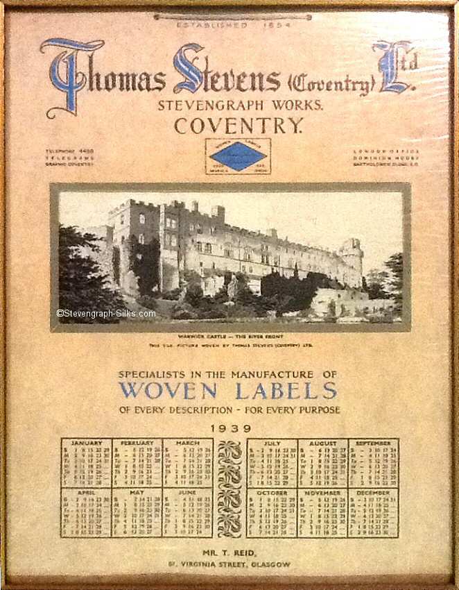 Image of the Stevengraph WARWICK CASTLE, mounted as a calendar for 1939