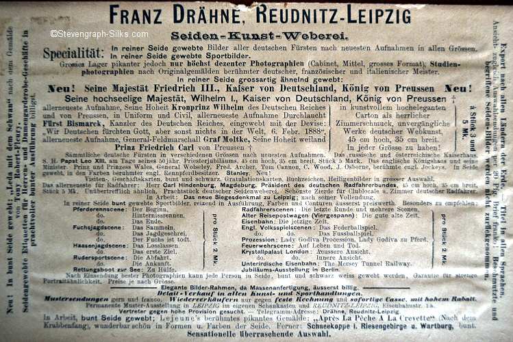 Image of Franz Drähne Back Label, with German titles of Stevens' silks