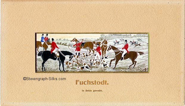 Stevens silk depicting the death of a fox, with German title, Fuchstodt