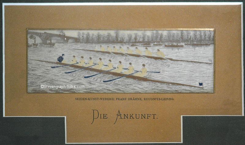 End of the Oxford and Cambridge University's boat race, with German title, Die Ankunft, printed on card mount