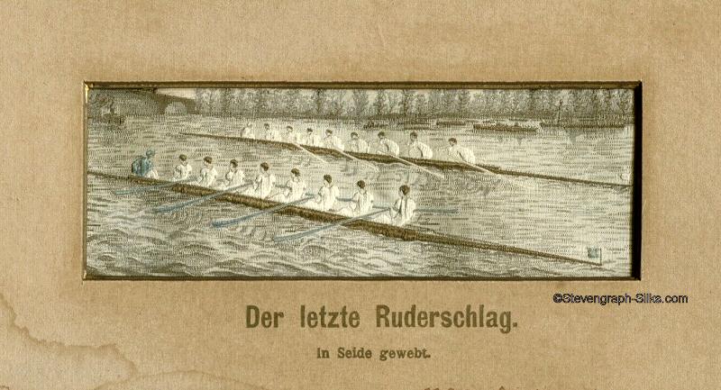 End of the Oxford and Cambridge University's boat race, with German title, Der letzte Ruderschlag, printed on card mount