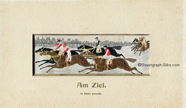 Image of the three groups of horses racing to the finishing line, with German words, Am Ziel, printed on card mount