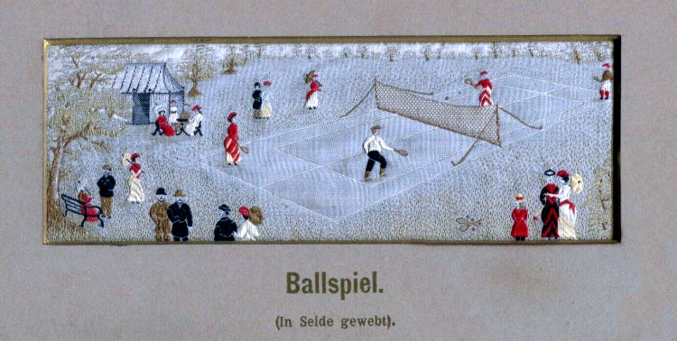 Stevens silk picture of an early, old fashioned tennis game, with German language title, Ballspiel