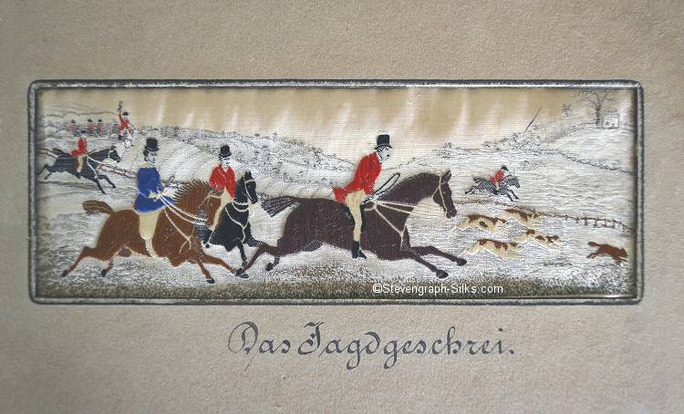 Riders on their horses, with fox hounds, chasing a fox, with German title, Das Jagdgeschrei, printed on cardboard matt.