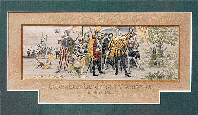 Stevens silk picture of Columbus and his men landing in America